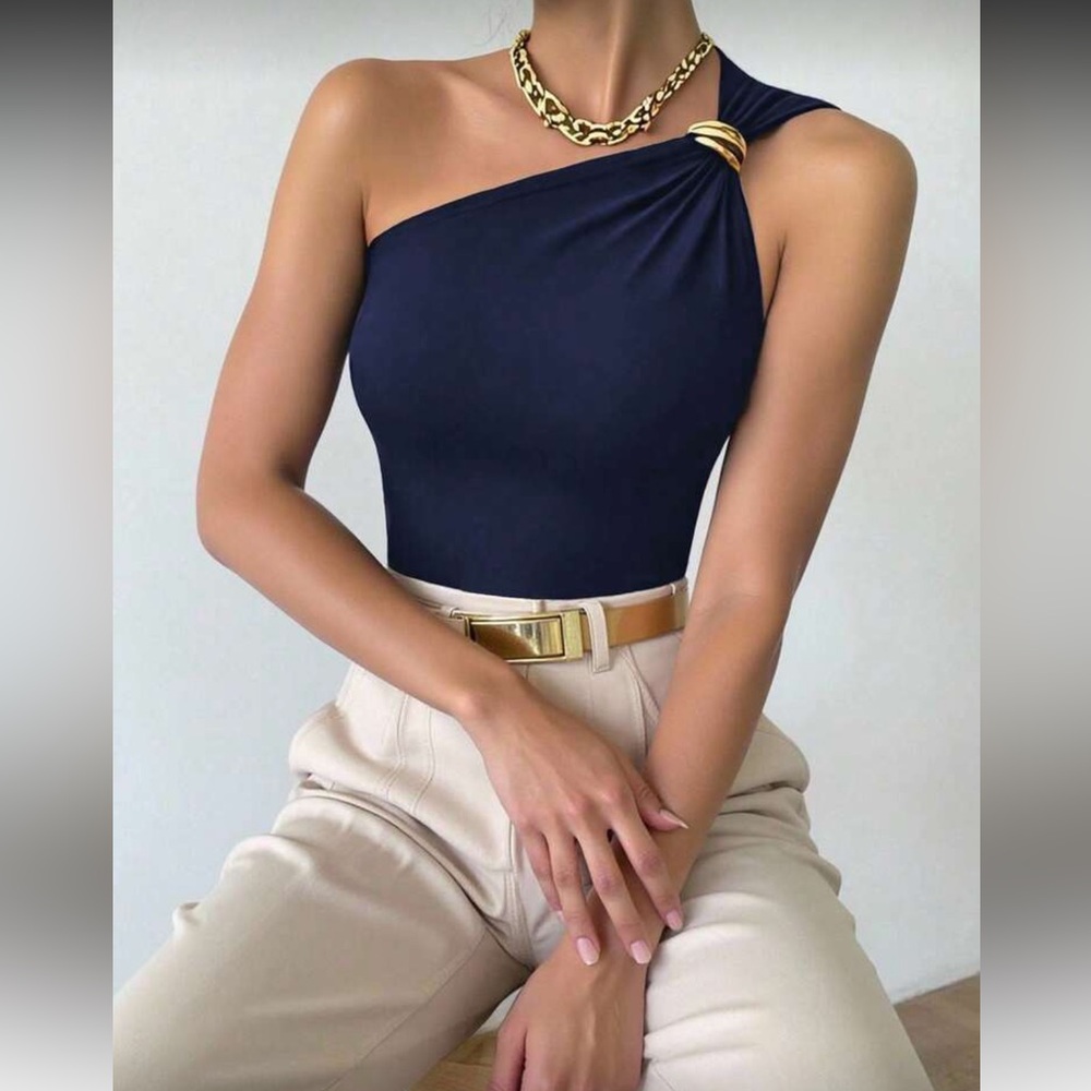 Elegant Navy Blue One-Shoulder Top